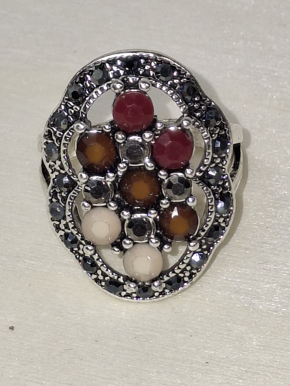 Multi-Stone Silver Statement Ring with Red, Brown & Cream Accents